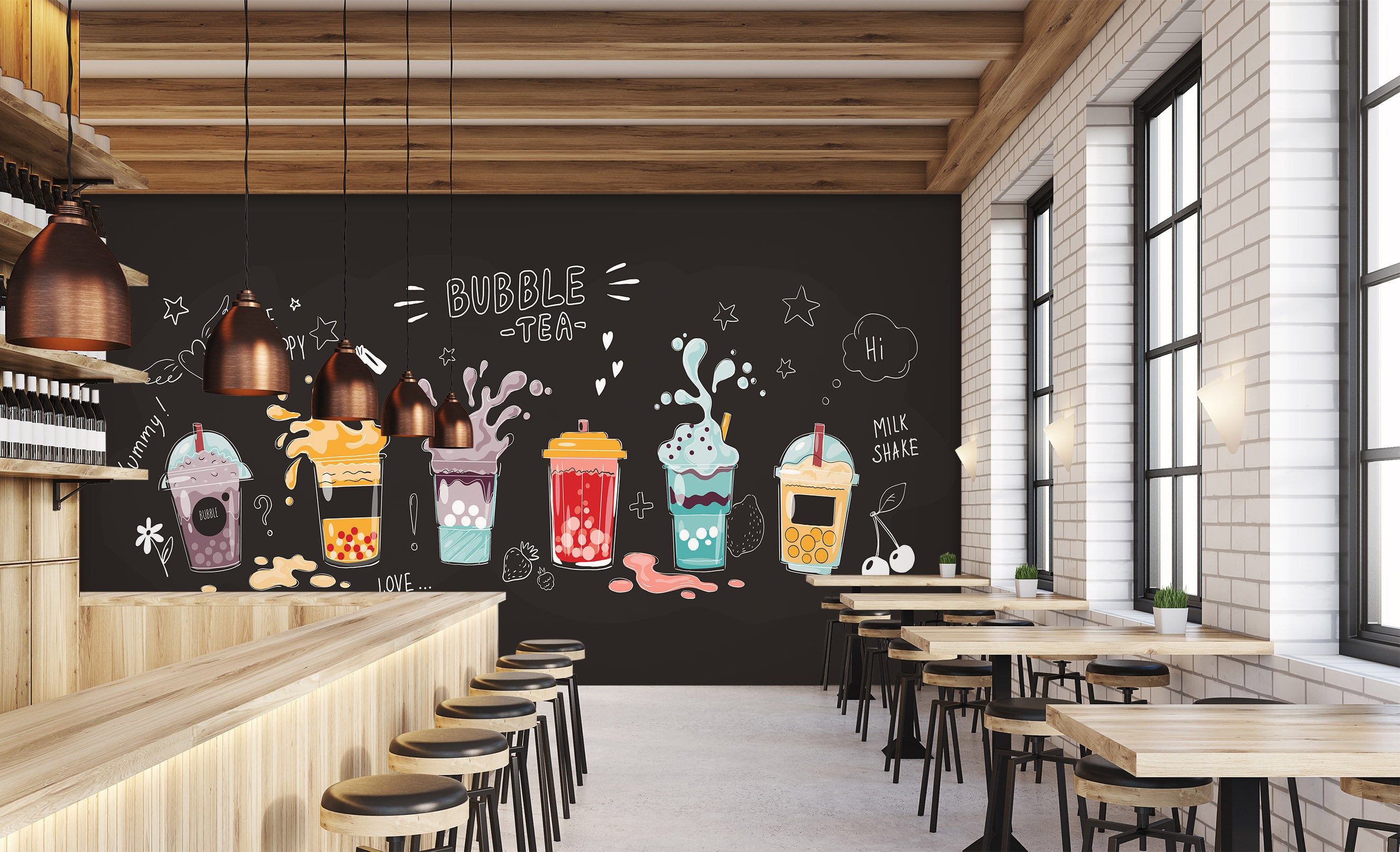 3D Pearl Tea 2066 Fruit Bubble Tea Milk Tea Shop Wall Murals
