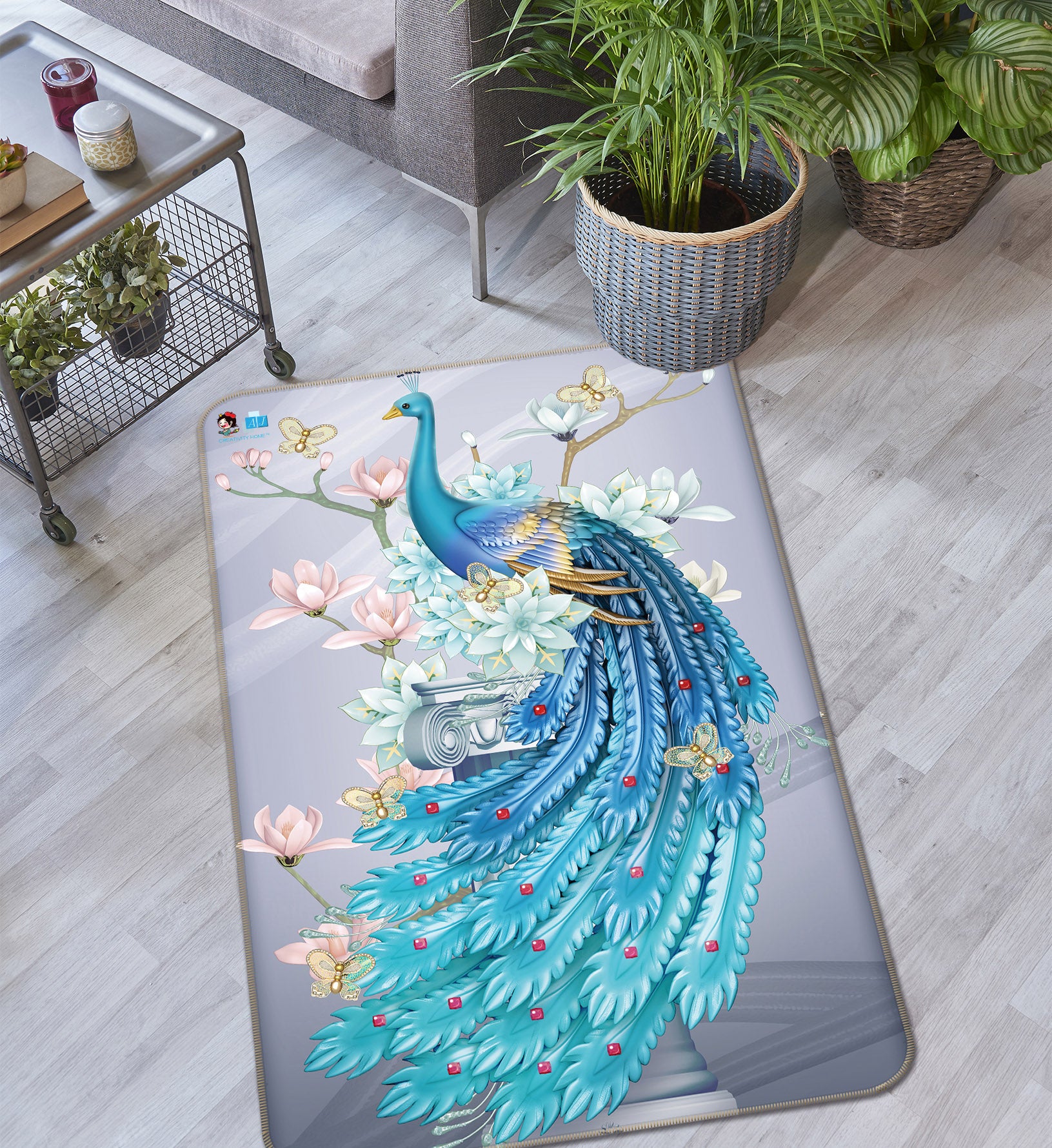 3D Blue Peacock 3094 Rug Non Slip Rug Mat