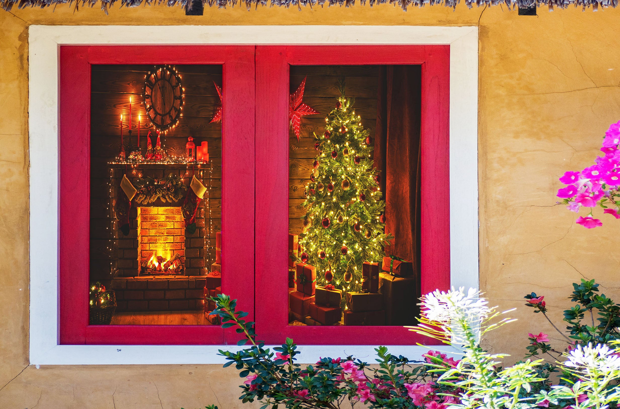 3D Fireplace Tree 1021 Christmas Window Film Print Sticker Cling Stained Glass Xmas