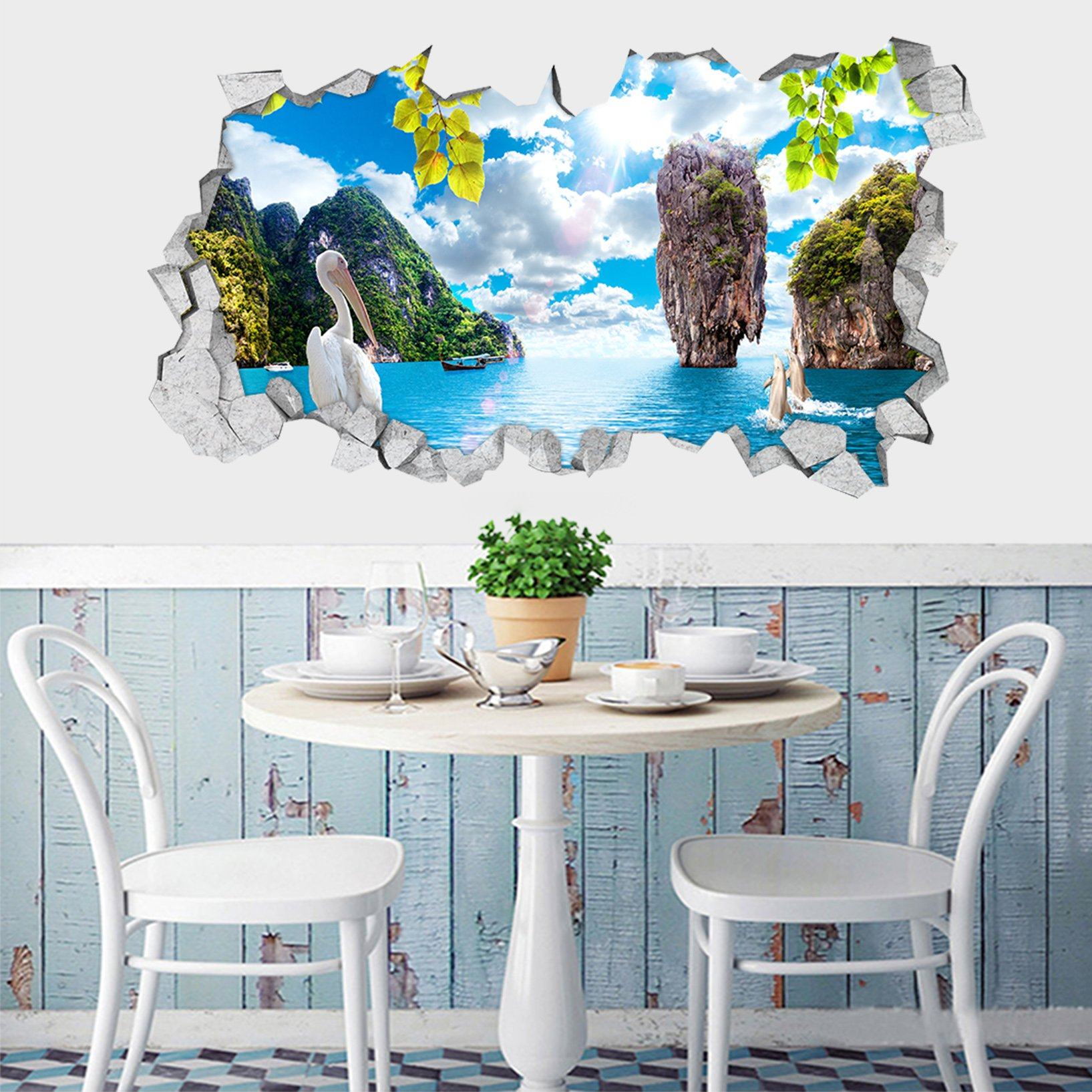 3D Sea Mountains Animals 081 Broken Wall Murals Wallpaper AJ Wallpaper