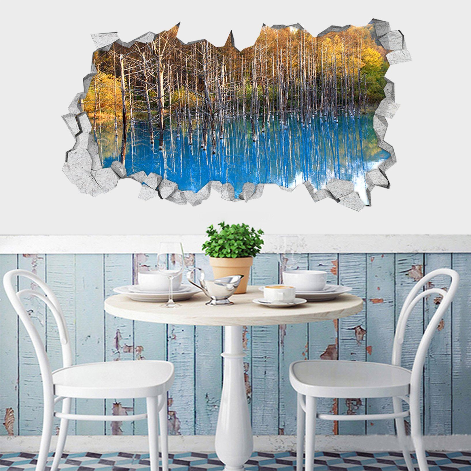 3D Blue Lake Bare Trees 104 Broken Wall Murals Wallpaper AJ Wallpaper