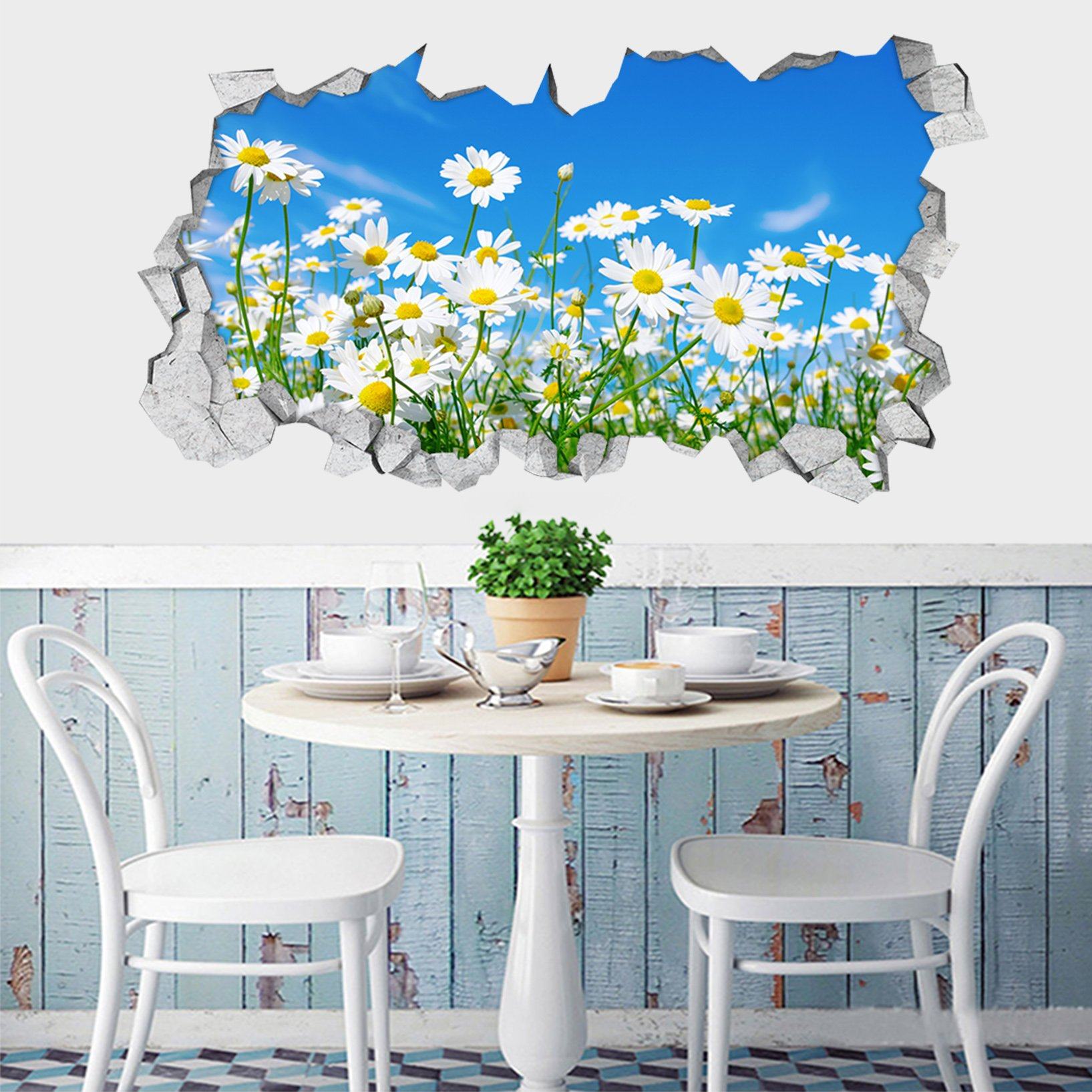 3D Flowers Field Blue Sky 399 Broken Wall Murals Wallpaper AJ Wallpaper