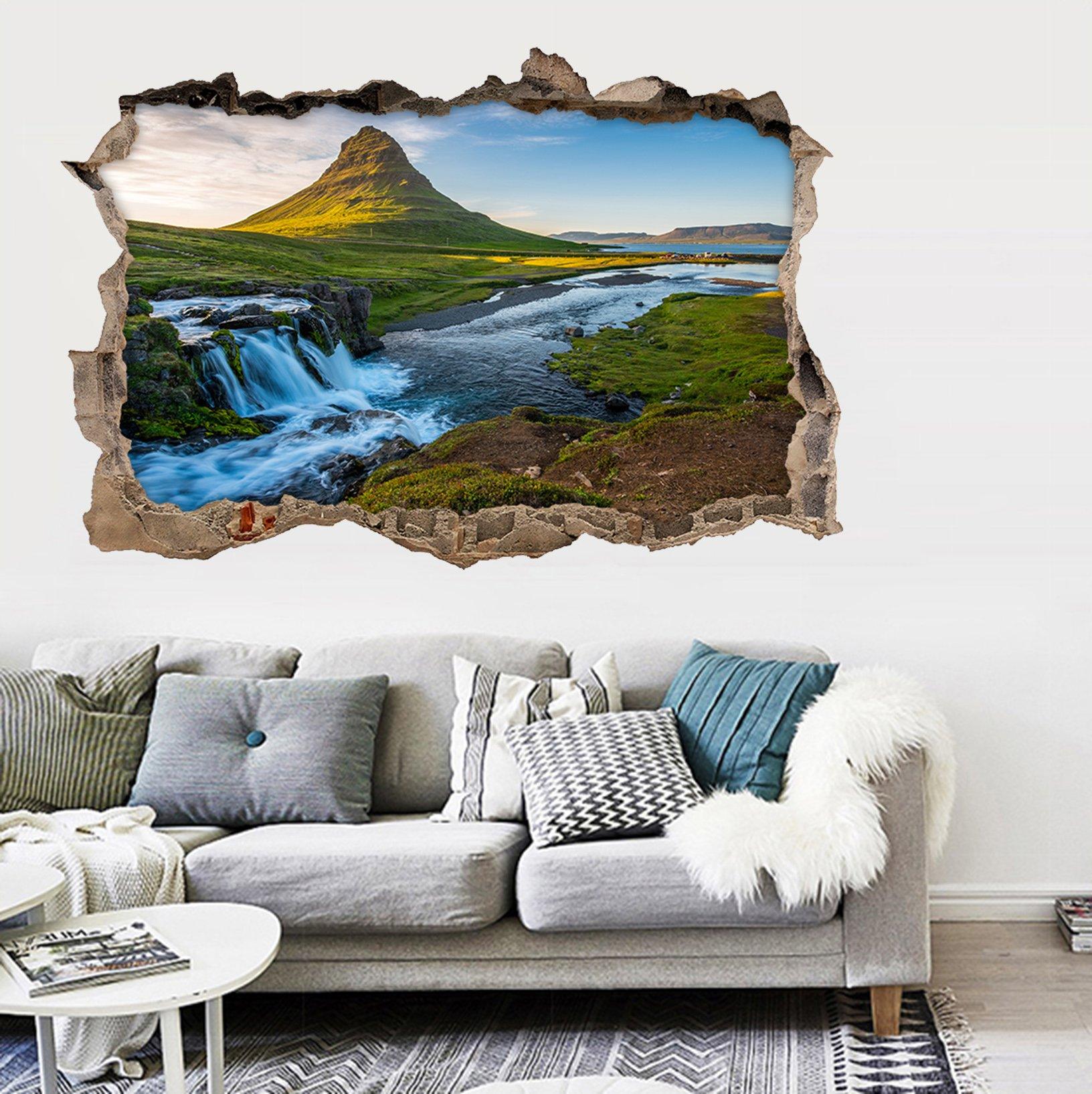 3D Plain Mountains River 024 Broken Wall Murals Wallpaper AJ Wallpaper