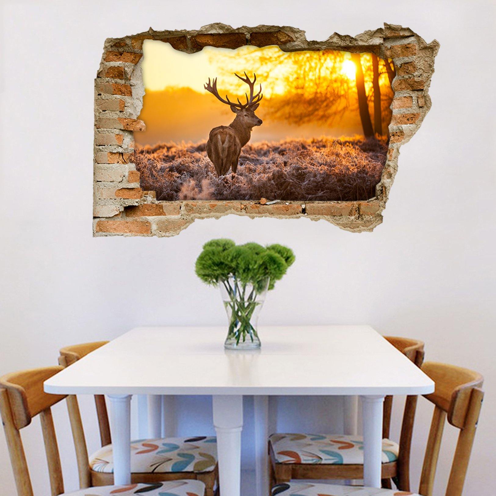 3D Sunset Forest Elk 117 Broken Wall Murals Wallpaper AJ Wallpaper