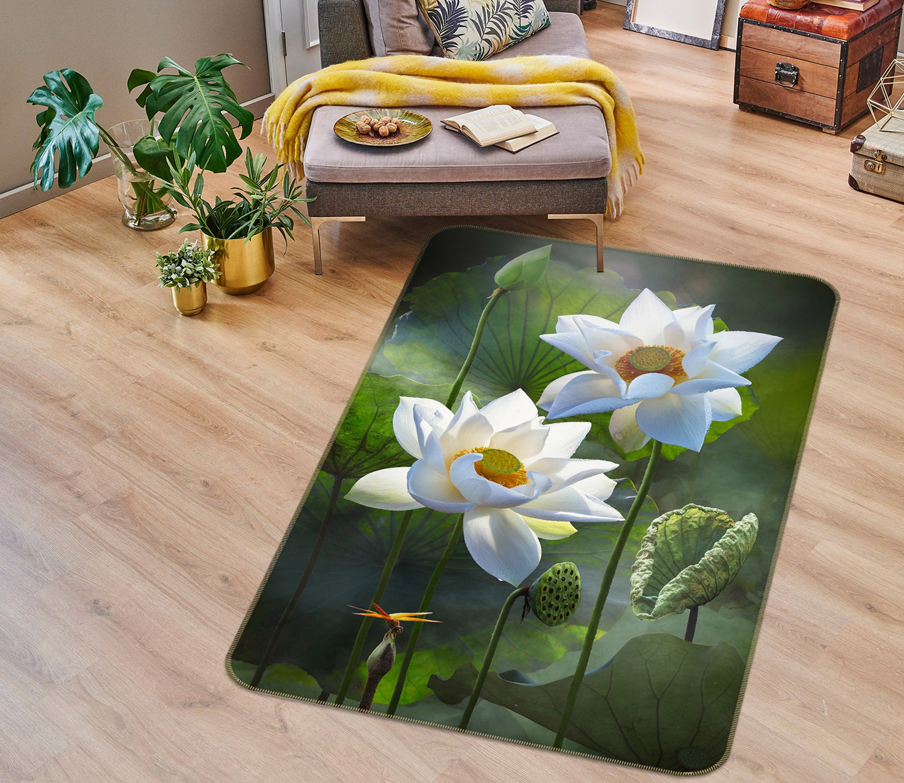 3D White Lotus 26104 Non Slip Rug Mat
