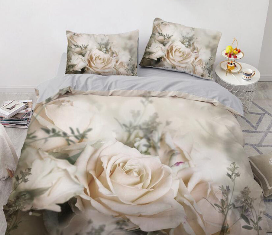 3D White Rose 9176 Bed Pillowcases Quilt