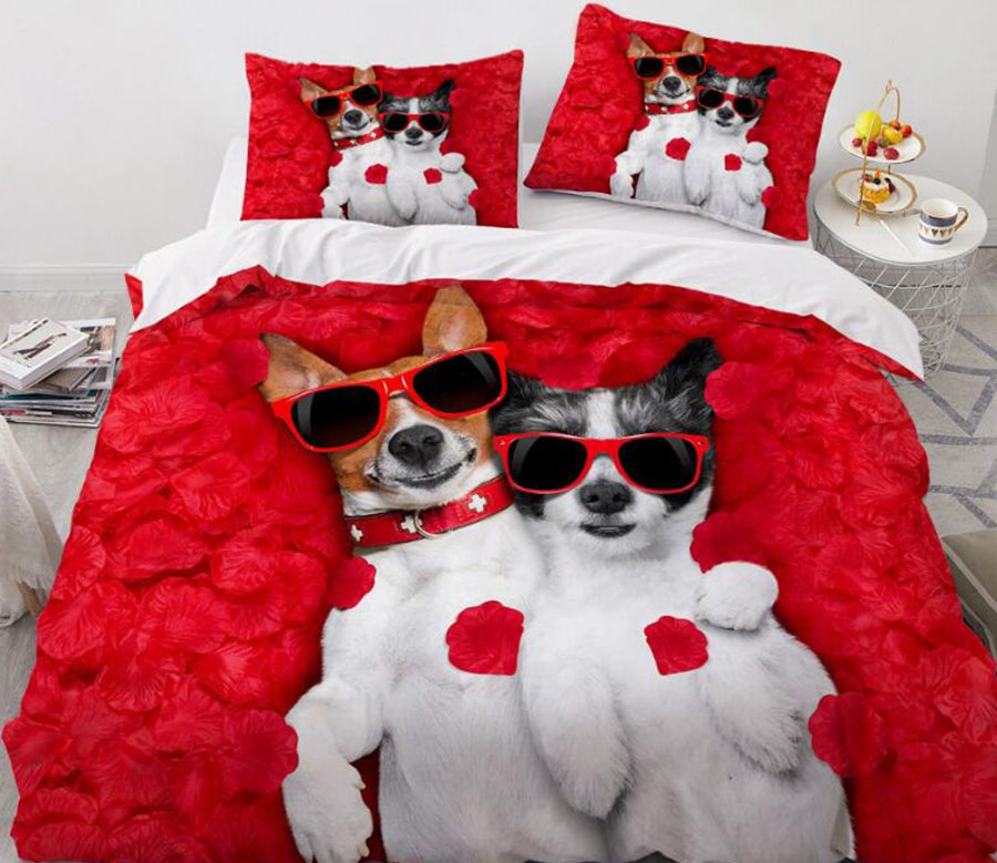 3D Two Puppies Rose Flower 7793 Bed Pillowcases Quilt