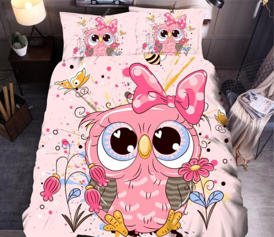 3D Pink Cartoon Owl 8161 Bed Pillowcases Quilt