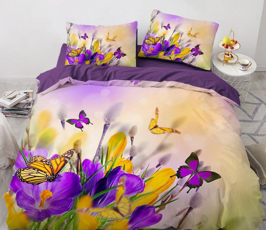 3D Purple Yellow Flower Butterfly 9170 Bed Pillowcases Quilt