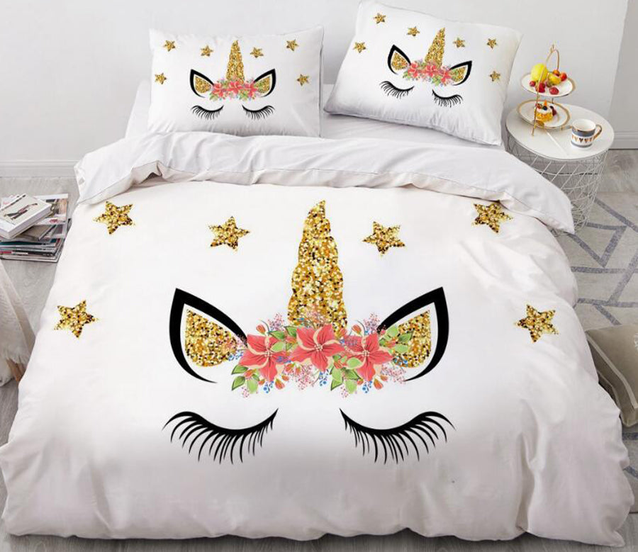 3D Golden Unicorn Horns 180 Bed Pillowcases Quilt