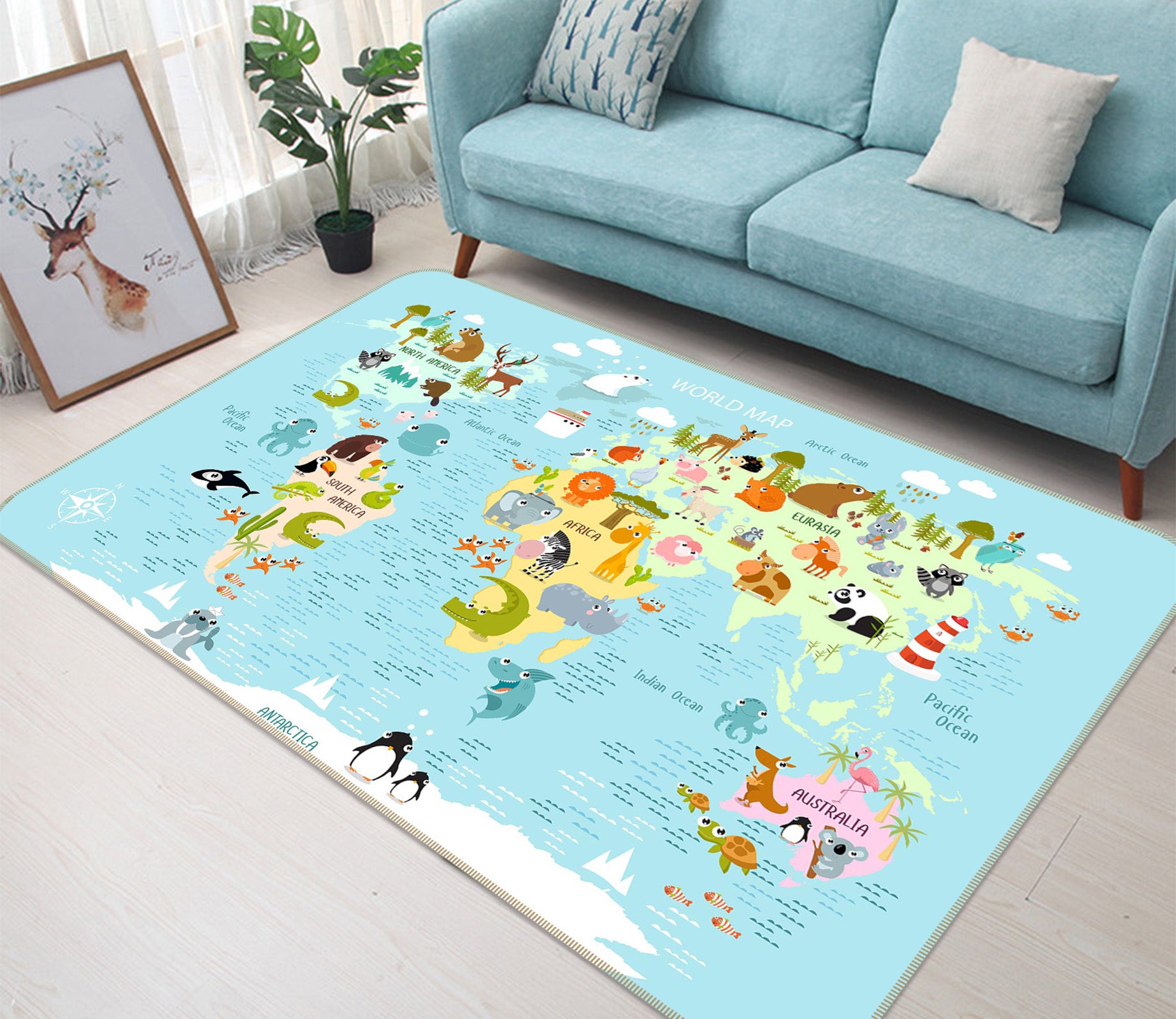 3D Animal Park 305 World Map Non Slip Rug Mat