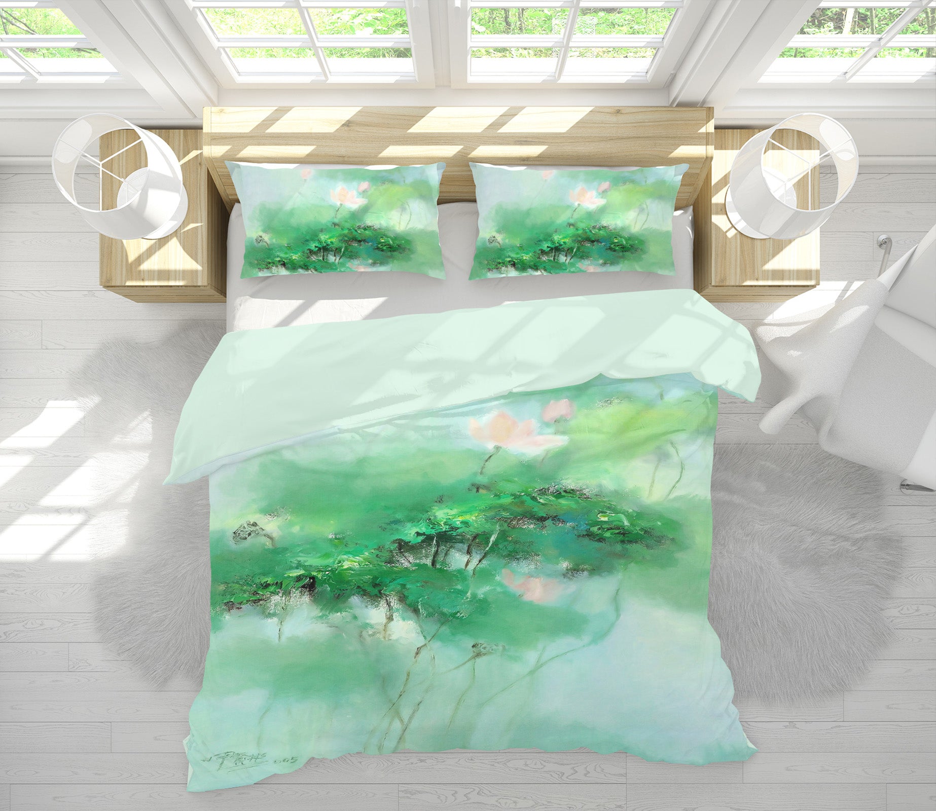 3D Green Lotus 12155 Bed Pillowcases Quilt