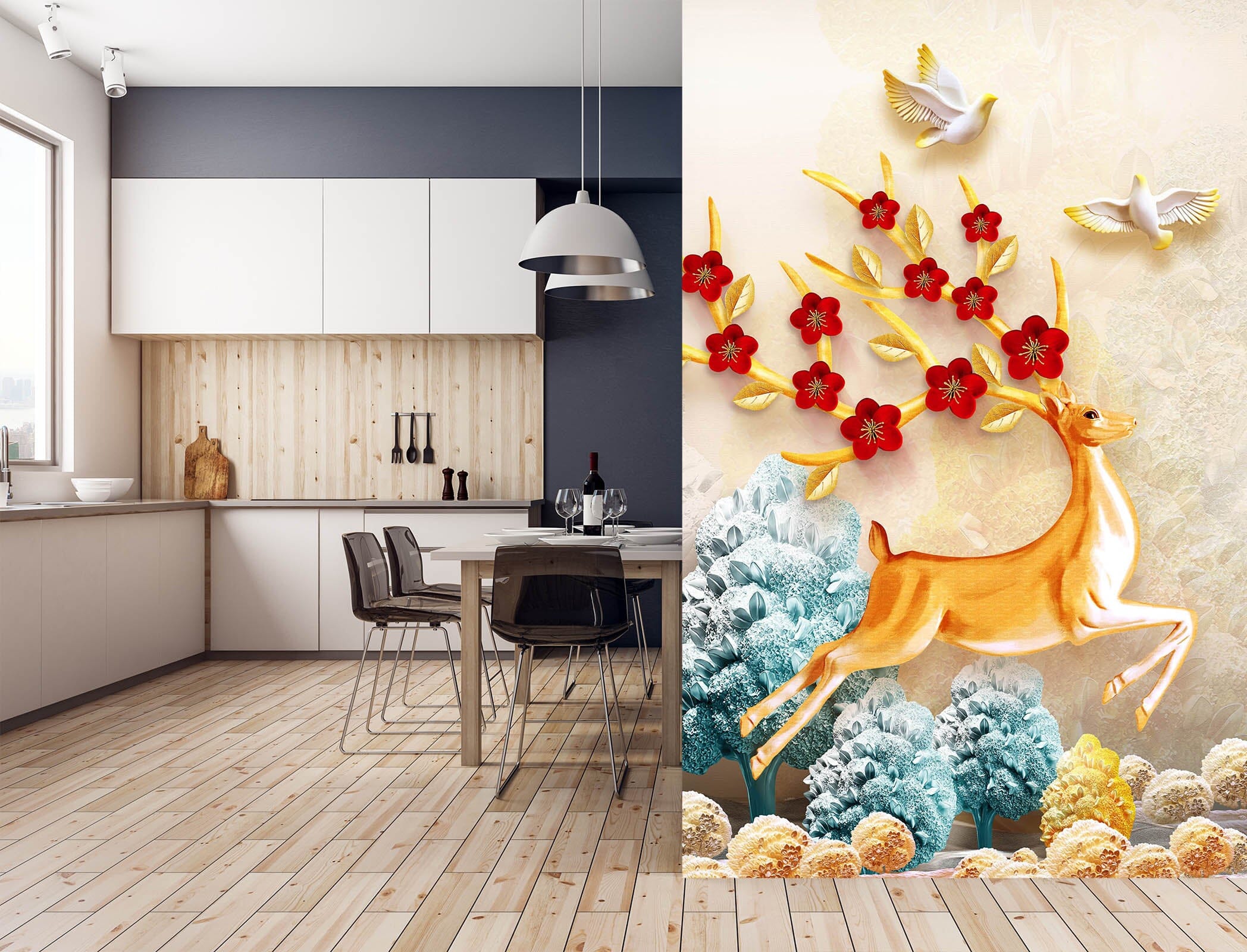 3D Flower Fawn 067 Wall Murals Wallpaper AJ Wallpaper 2