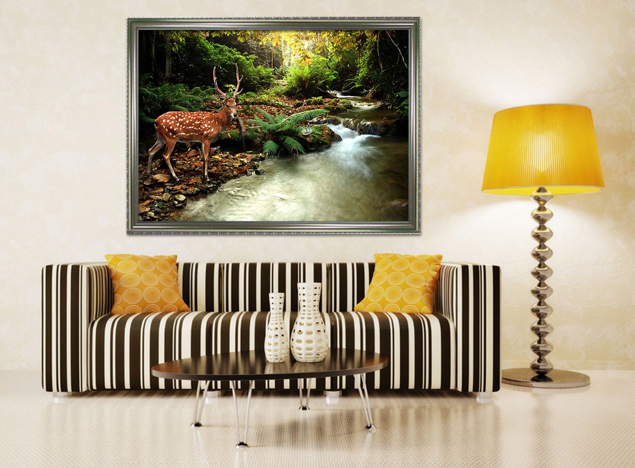 3D Fawn Drinking Water 068 Fake Framed Print Painting Wallpaper AJ Creativity Home
