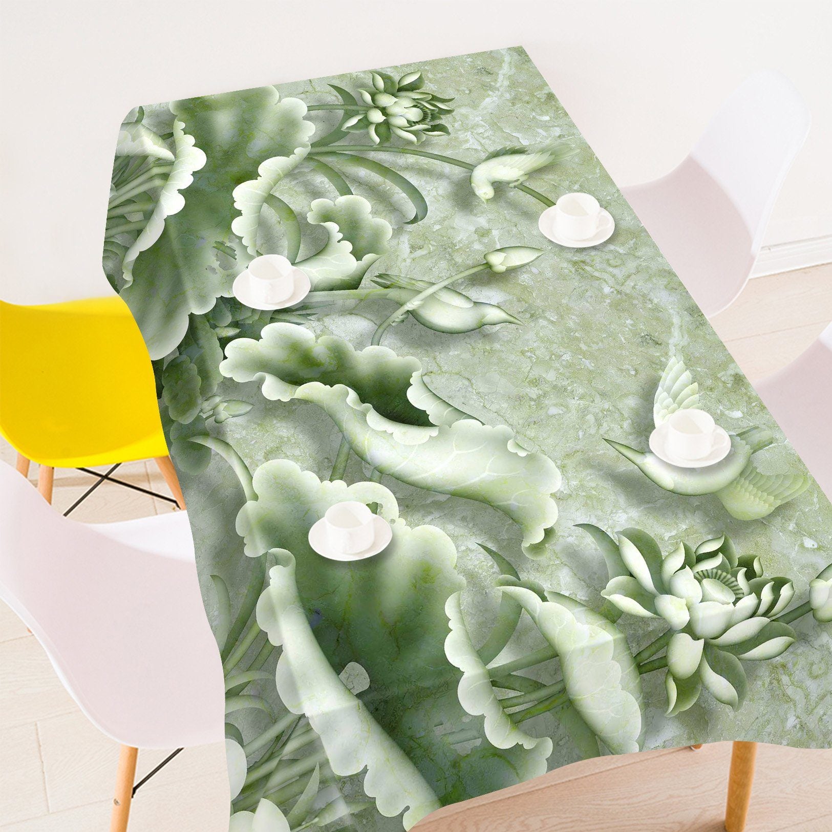 3D Lotus Flowers Birds Carvings 168 Tablecloths Wallpaper AJ Wallpaper