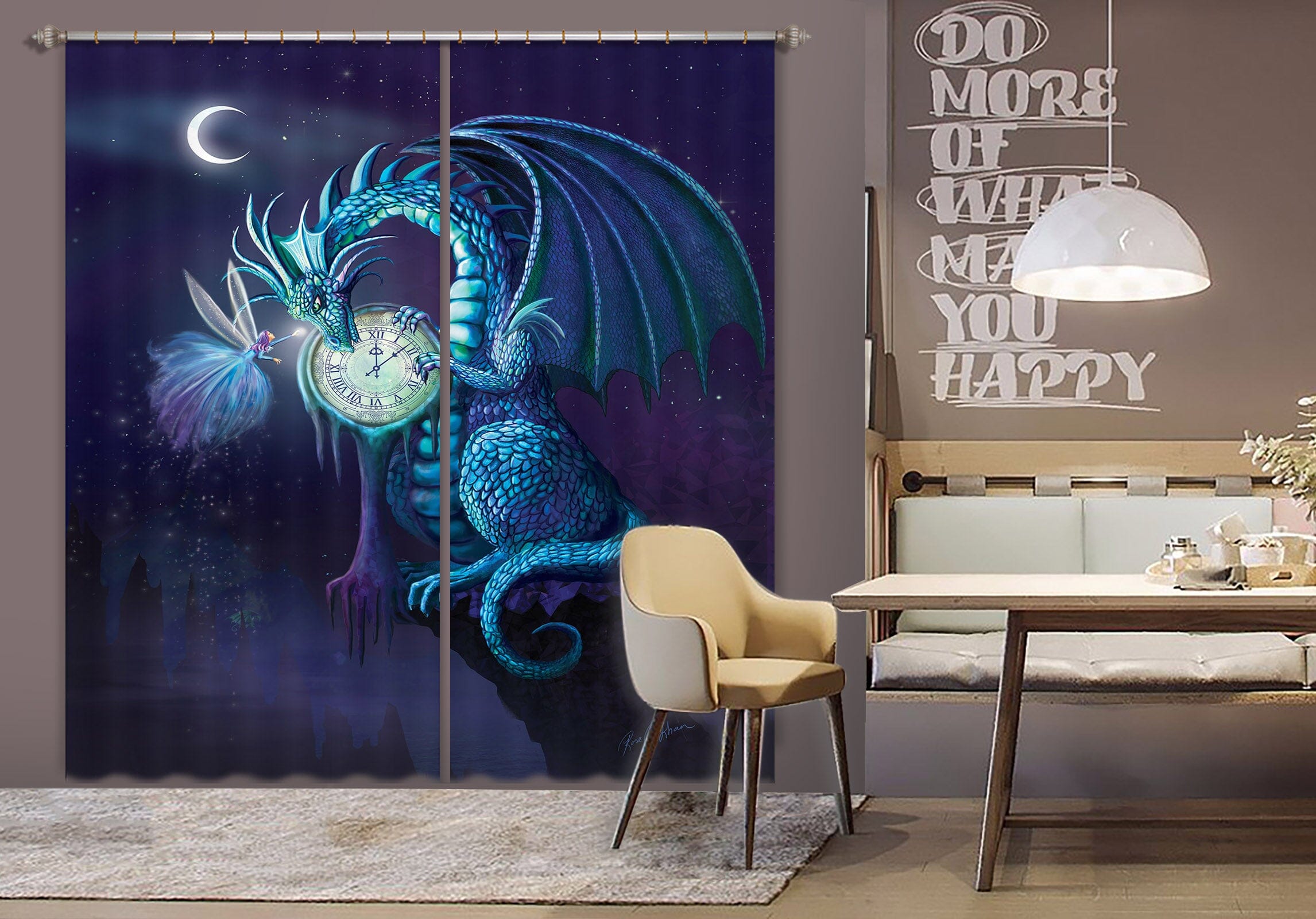 3D Dragon Clock 124 Rose Catherine Khan Curtain Curtains Drapes Curtains AJ Creativity Home