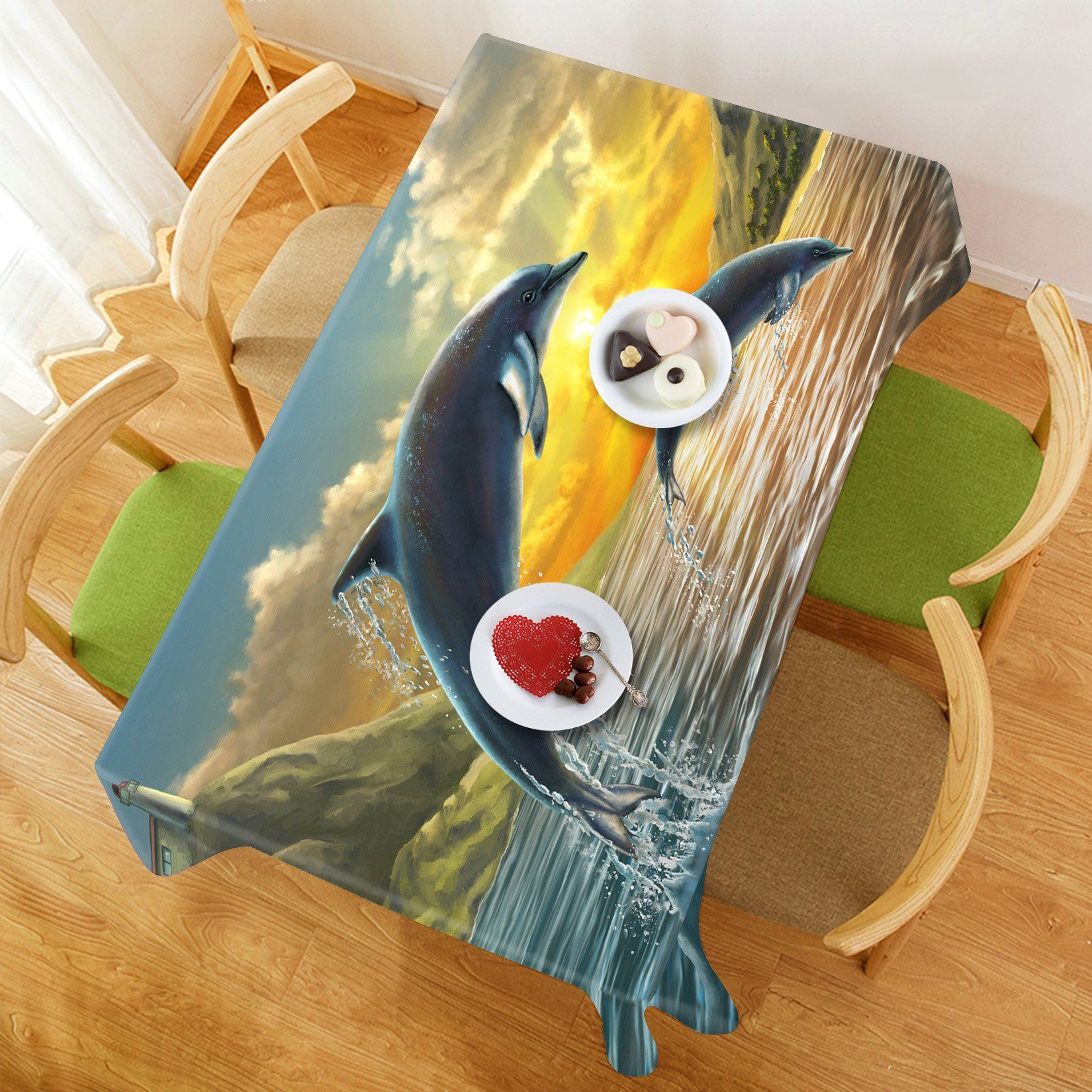 3D Sea Bay Jumping Dolphins 775 Tablecloths Wallpaper AJ Wallpaper