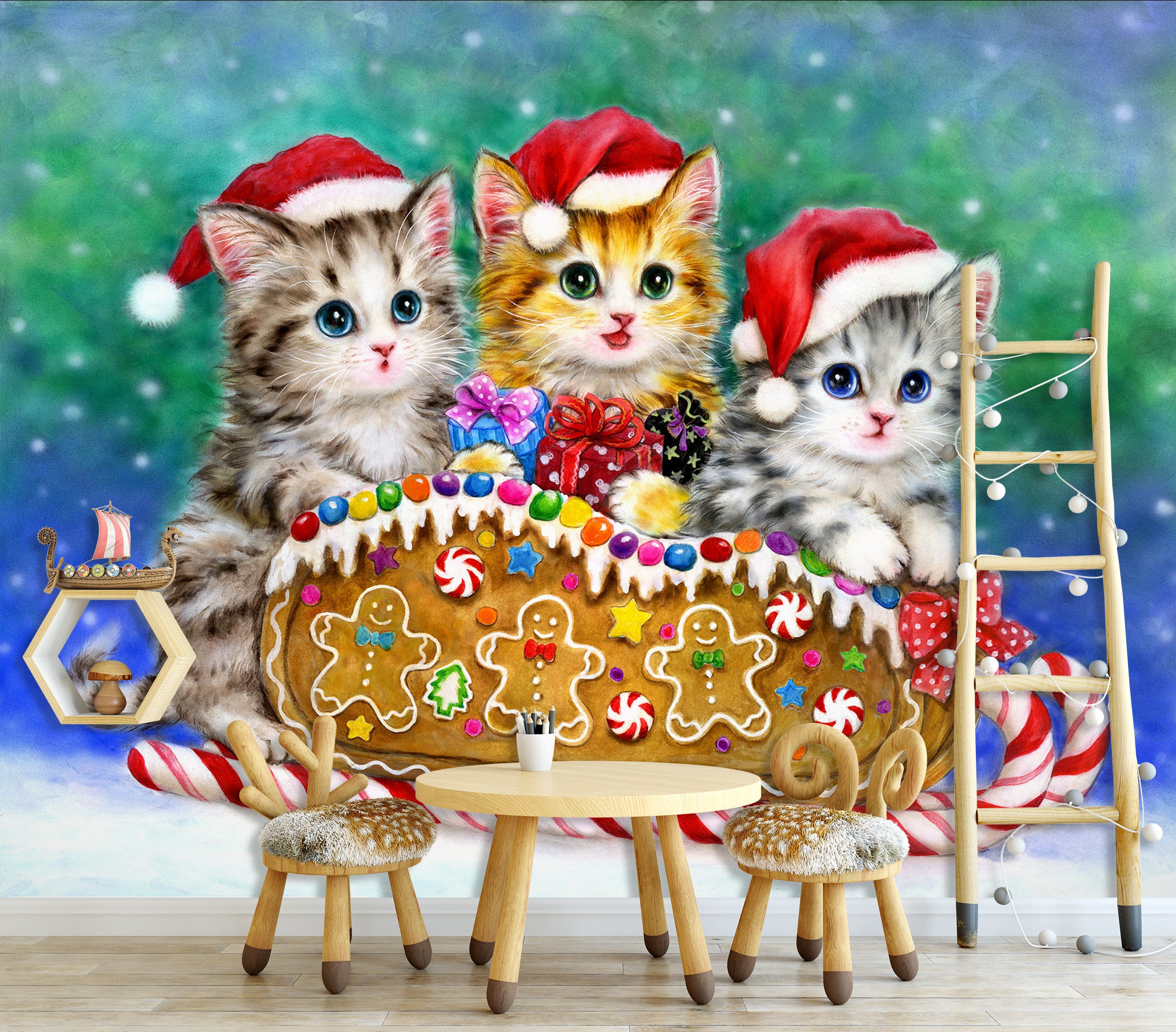 3D Christmas Hat Cat 5417 Kayomi Harai Wall Mural Wall Murals