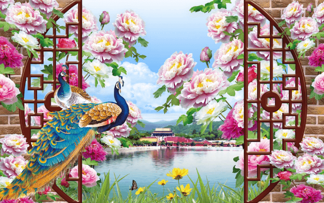 3D Window Flowers Peacock Wallpaper AJ Wallpaper 1