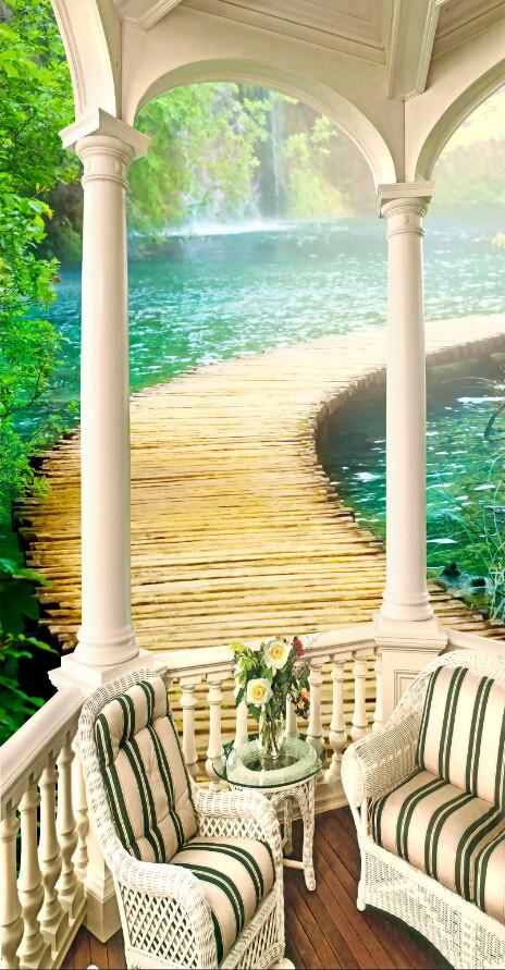 3D European Balcony Green Water Wallpaper AJ Wallpaper 1