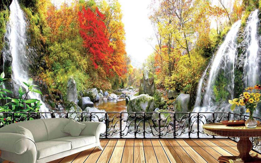 3D Waterfall And Red Tree Wallpaper AJ Wallpaper 1