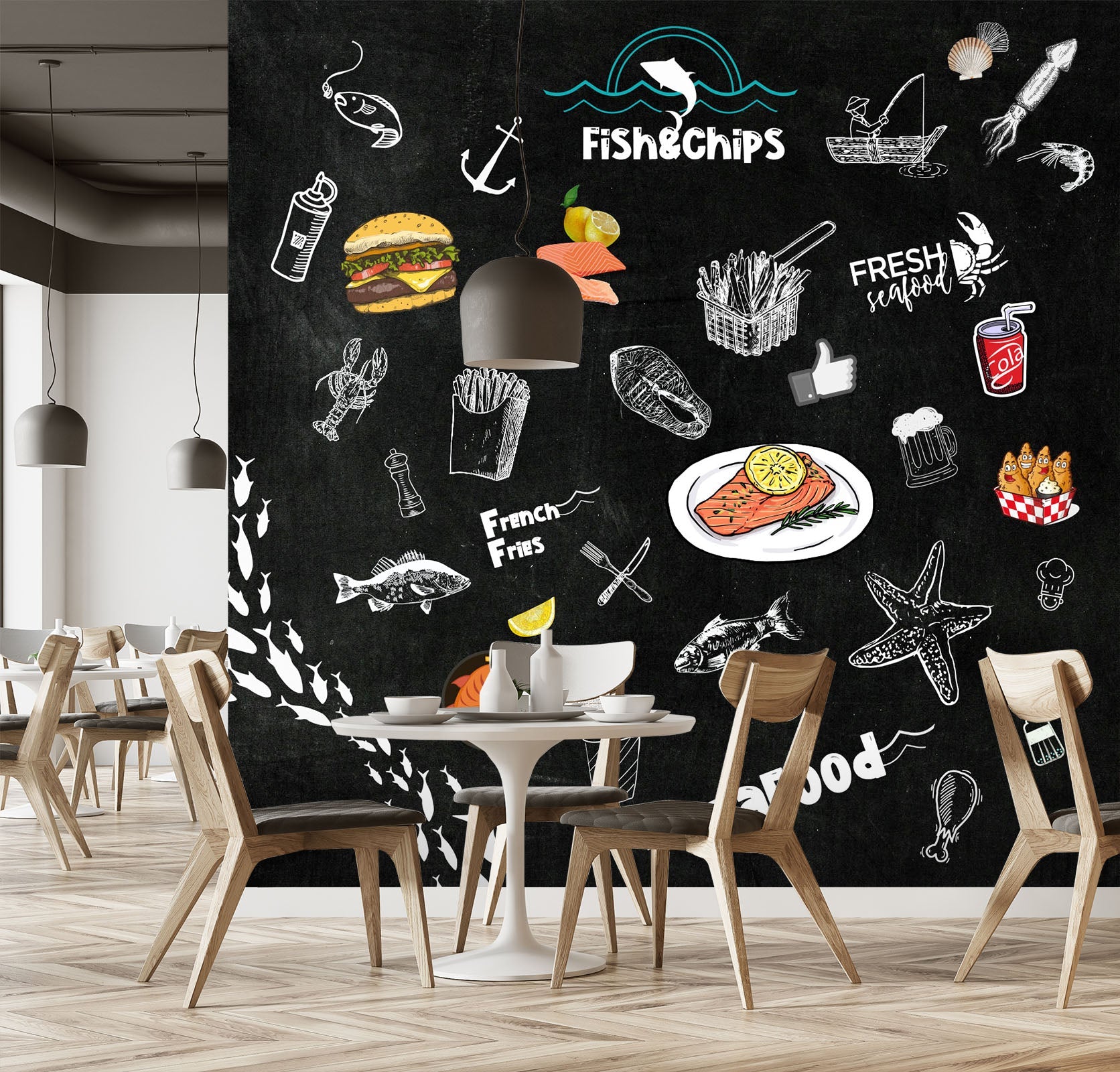 3D stylish blackboard fish chips 01 Wall Murals Wallpaper AJ Wallpaper 2
