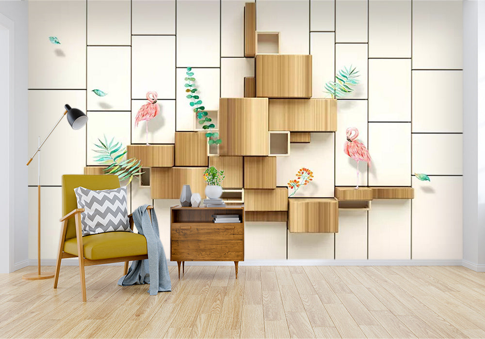 3D Flamingo Wooden Block WC637 Wall Murals