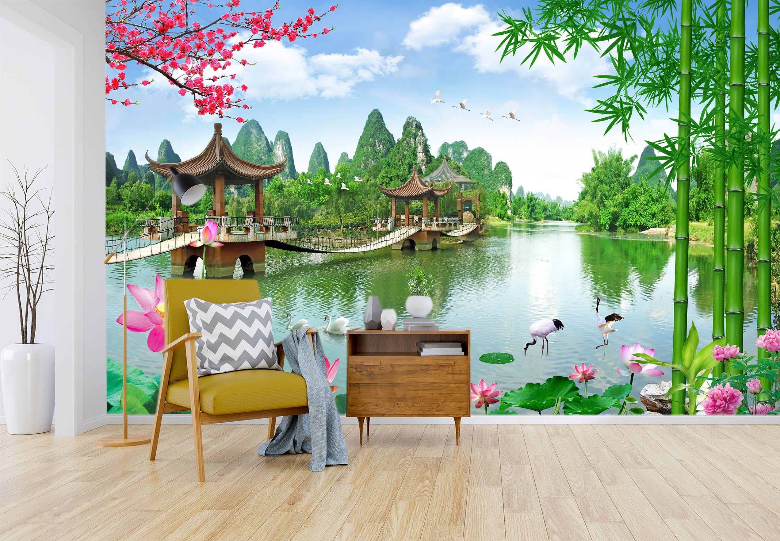 3D Lotus Pond 1590 Wall Murals Wallpaper AJ Wallpaper 2