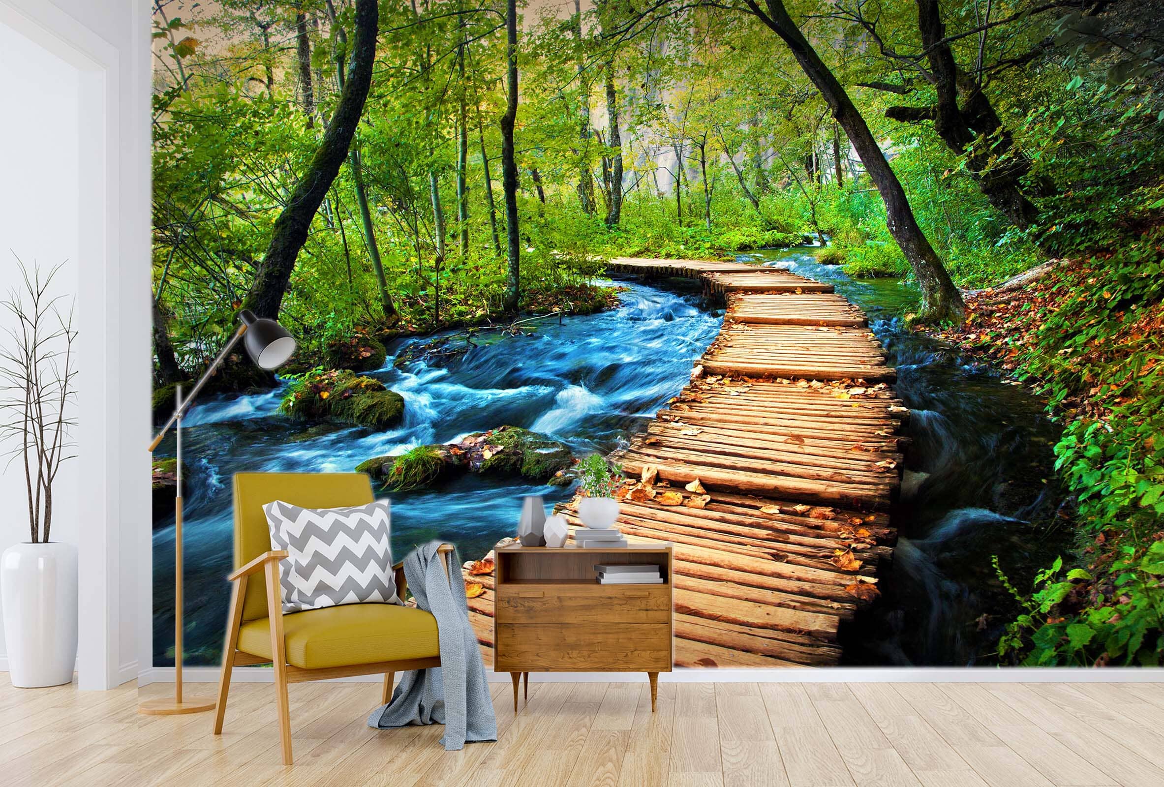 3D Waterfall Wooden Bridge 13 Wall Murals Wallpaper AJ Wallpaper 2