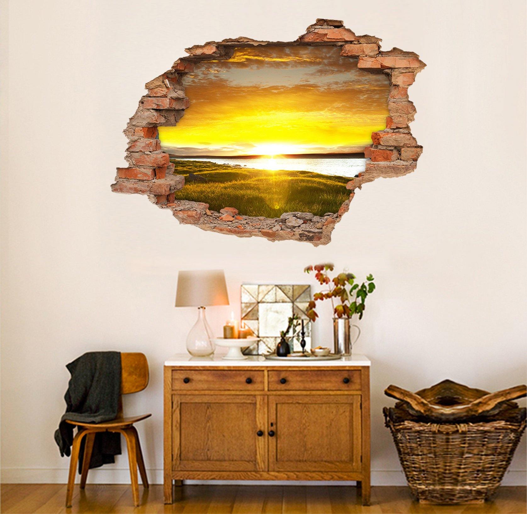 3D Lake Bright Sunset 236 Broken Wall Murals Wallpaper AJ Wallpaper