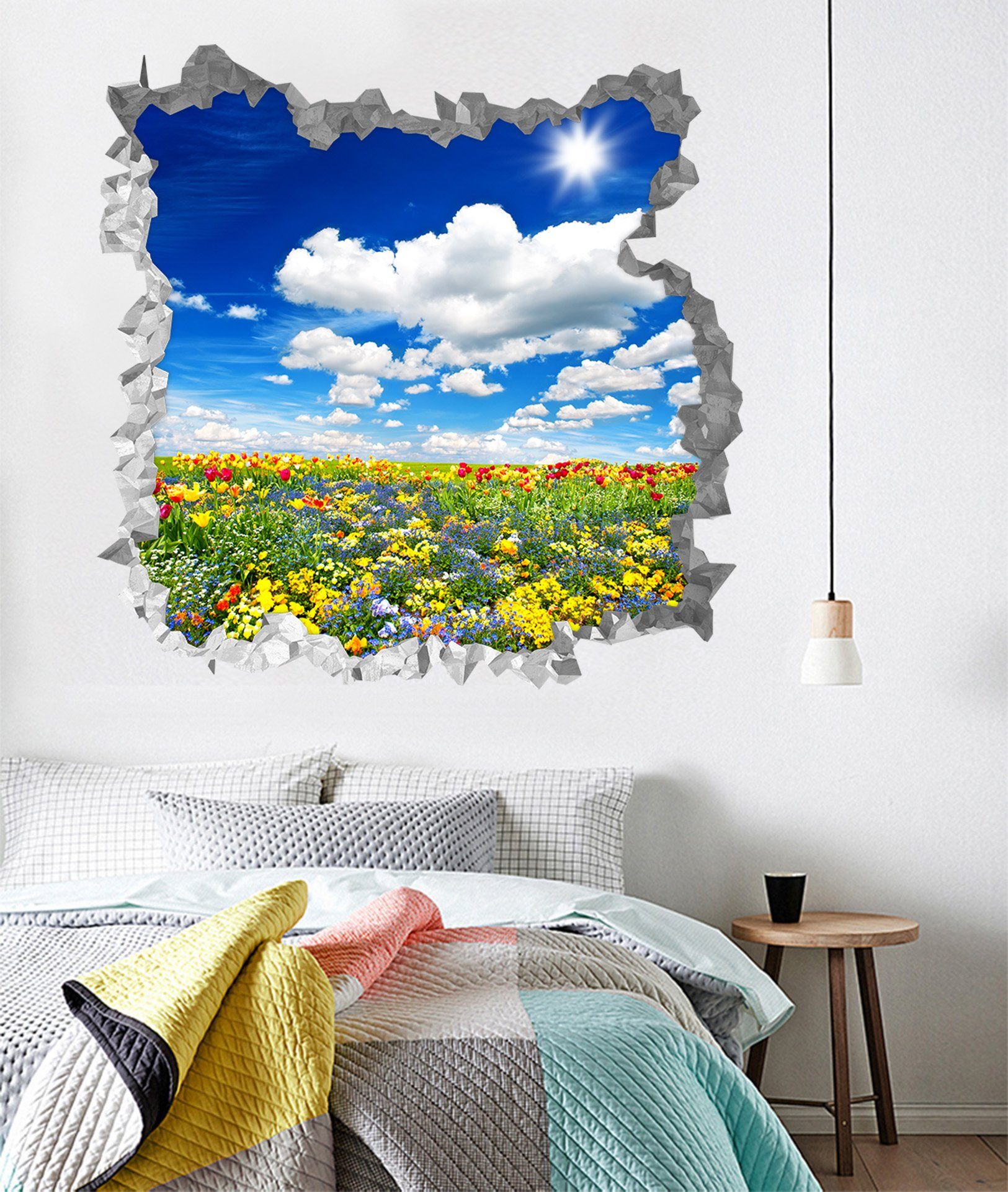 3D Flowers Field White Clouds 211 Broken Wall Murals Wallpaper AJ Wallpaper