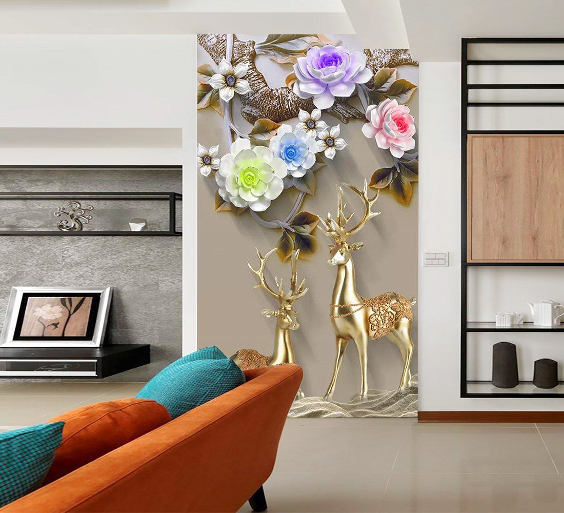 3D Golden Deer Flower 487 Wallpaper AJ Wallpaper