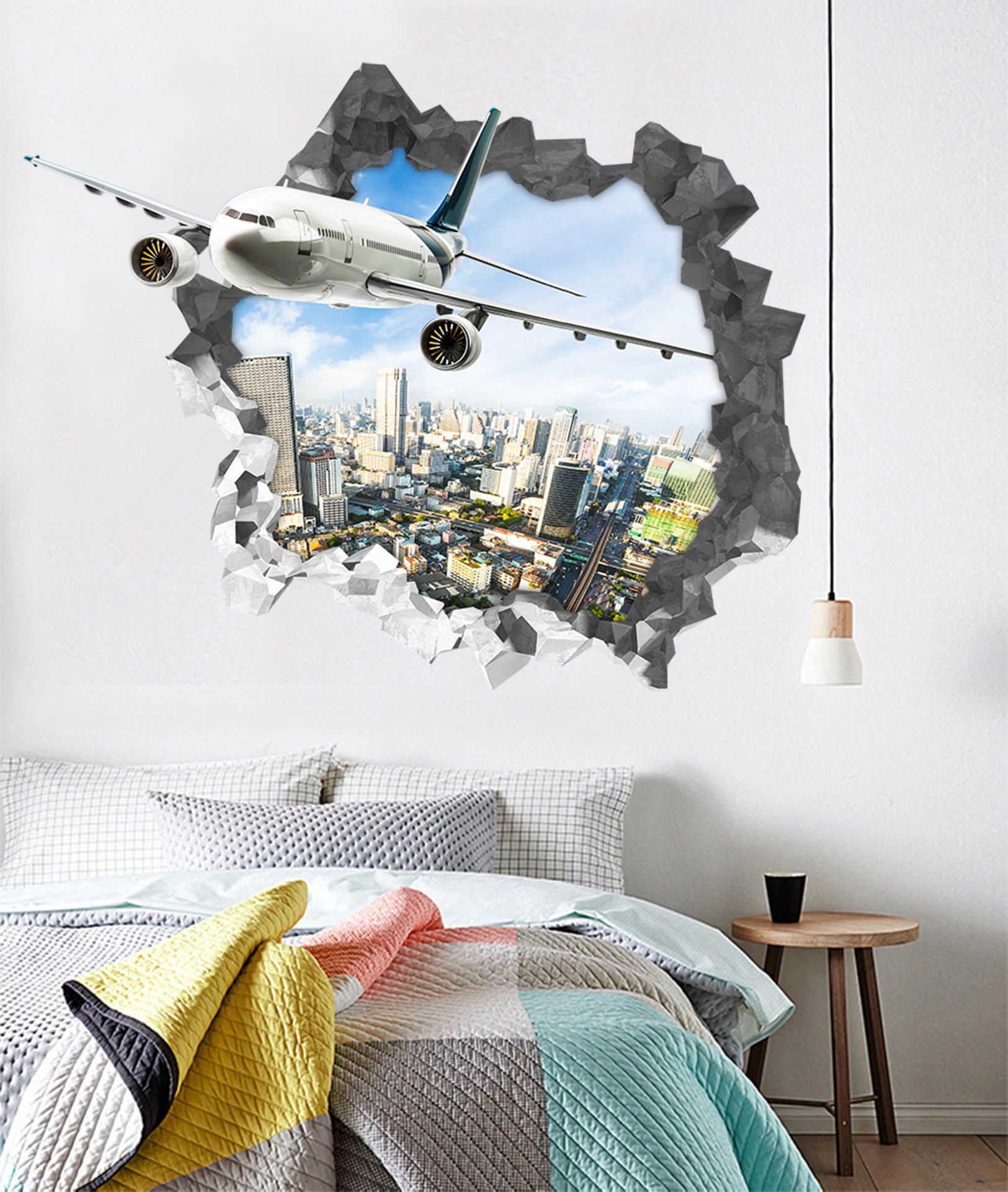 3D City Sky Aircraft 94 Broken Wall Murals Wallpaper AJ Wallpaper