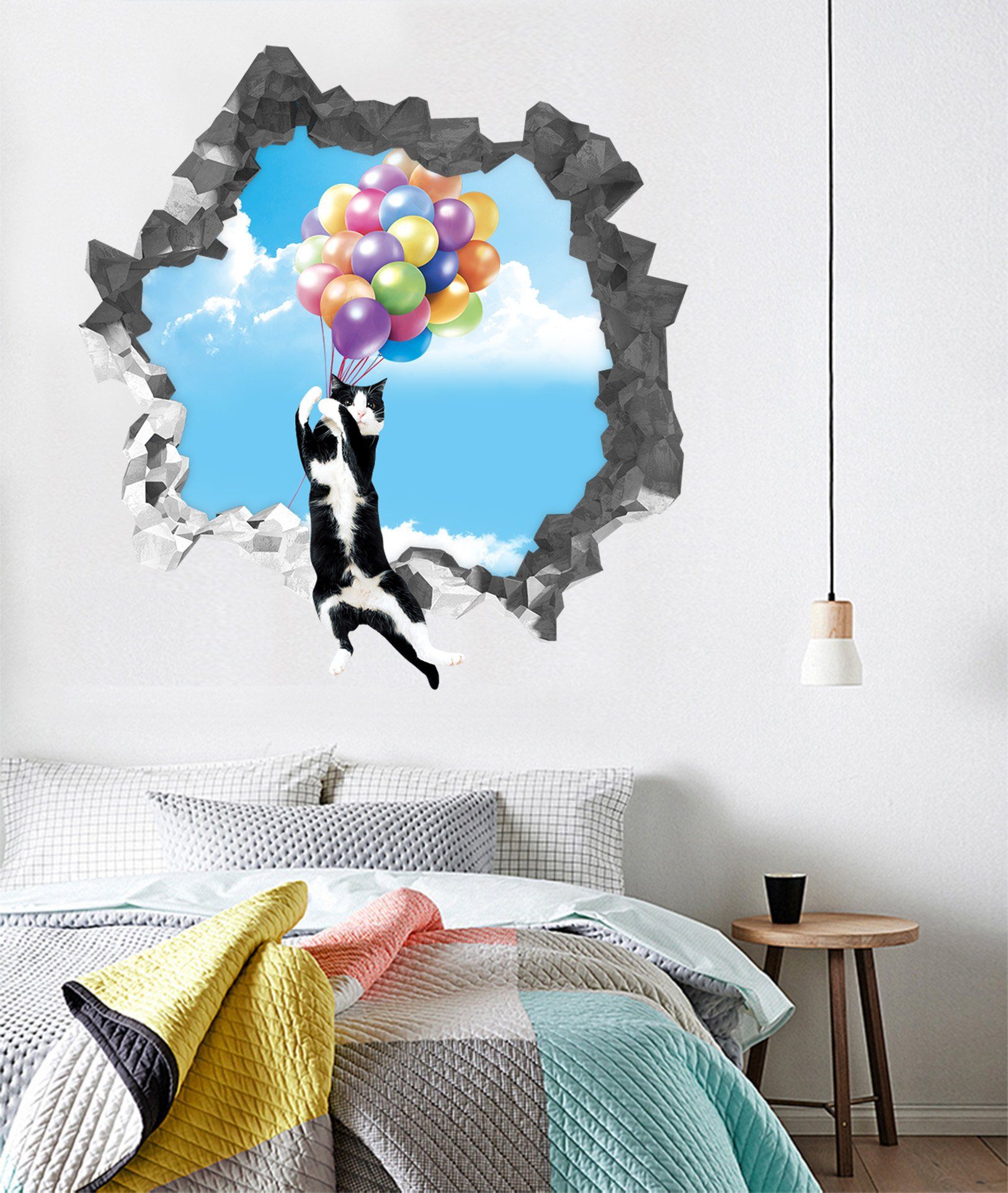 3D Black Cat Balloons 219 Broken Wall Murals Wallpaper AJ Wallpaper