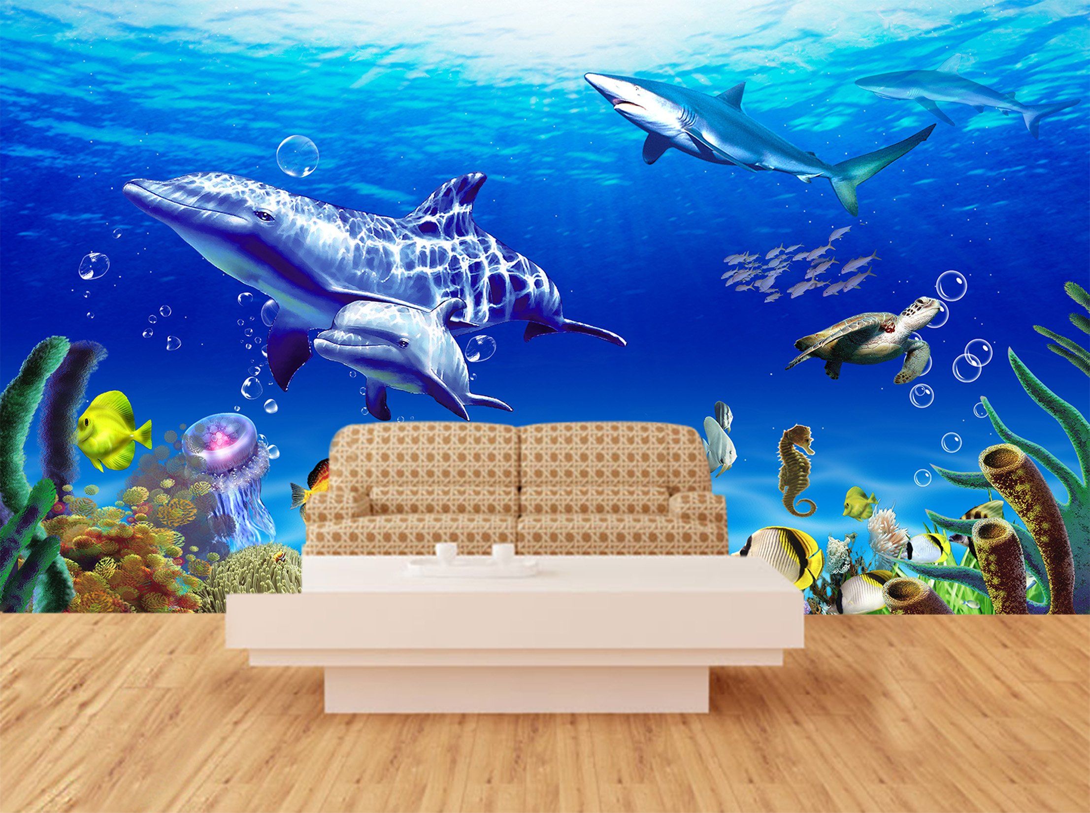 3D Dolphin Bubble Jellyfish 065 Wallpaper AJ Wallpaper