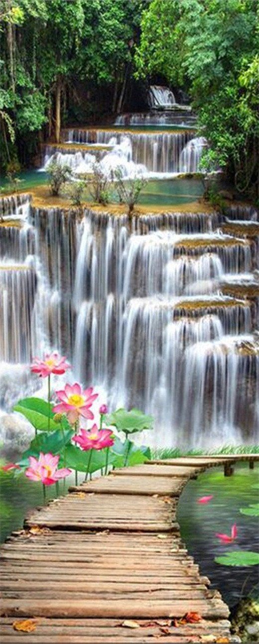 3D lotus and waterfall door mural Wallpaper AJ Wallpaper