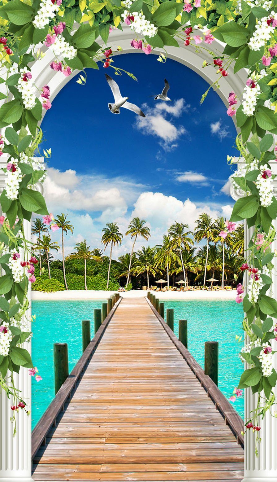 3D flowers arch sea wooden bridge door mural Wallpaper AJ Wallpaper