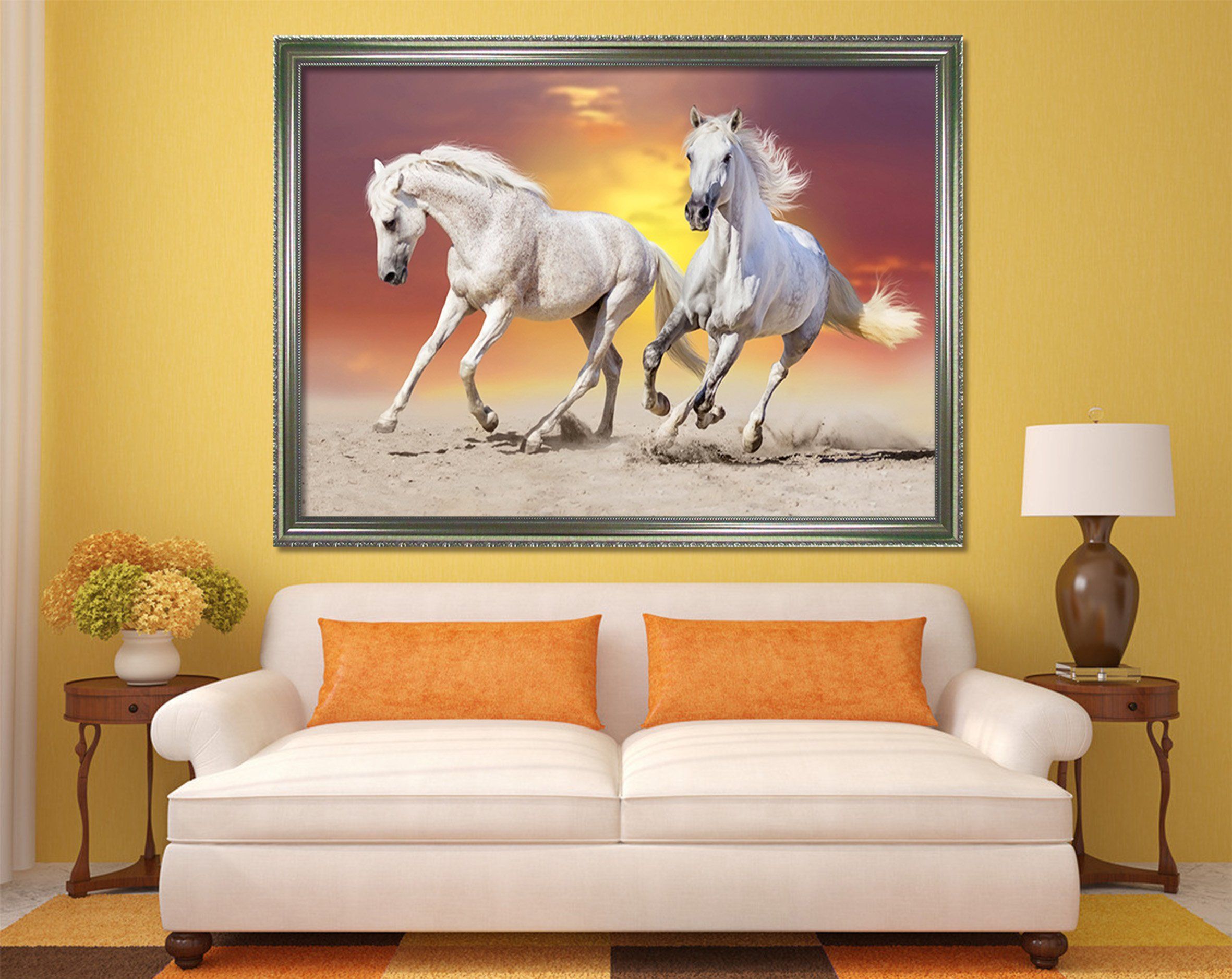 3D Running White Horse 004 Fake Framed Print Painting Wallpaper AJ Creativity Home