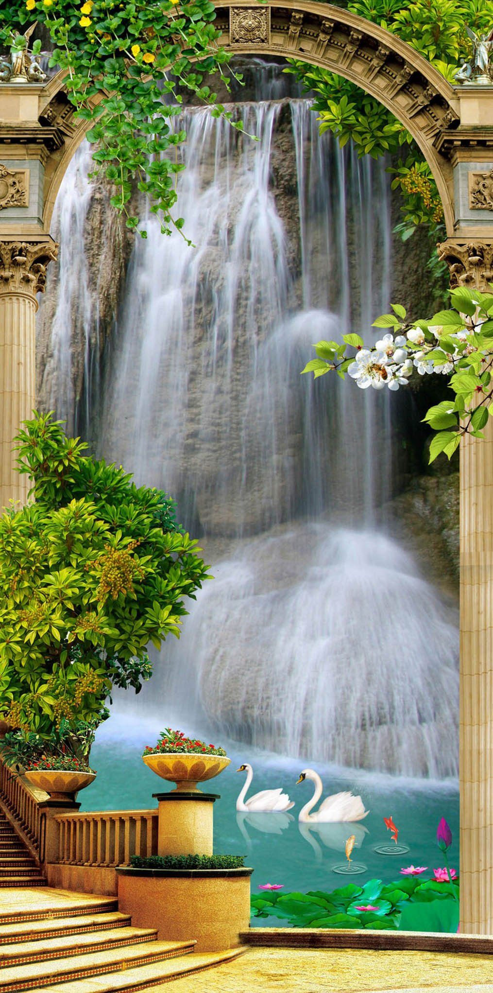 3D carp lotus goose door mural Wallpaper AJ Wallpaper