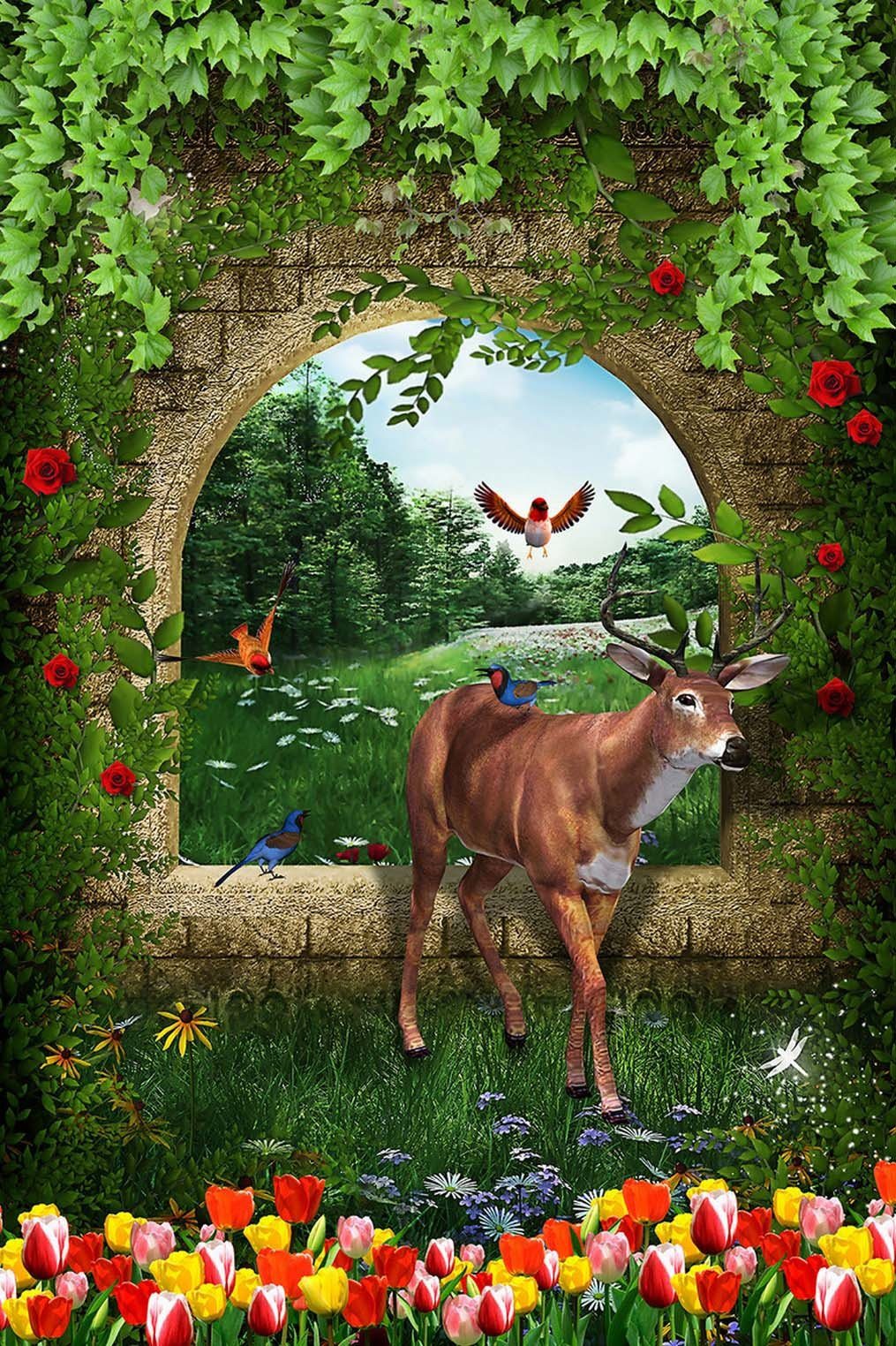 3D elk flower the green grass door mural Wallpaper AJ Wallpaper