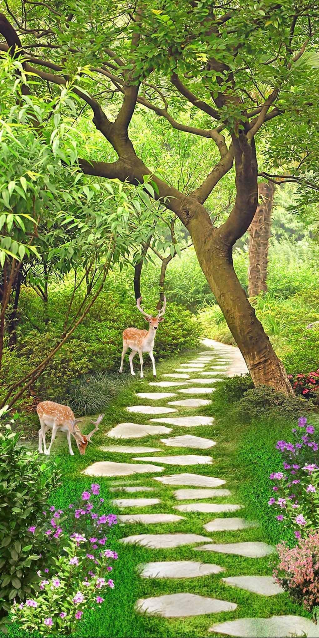 3D little elk by the roadside door mural Wallpaper AJ Wallpaper