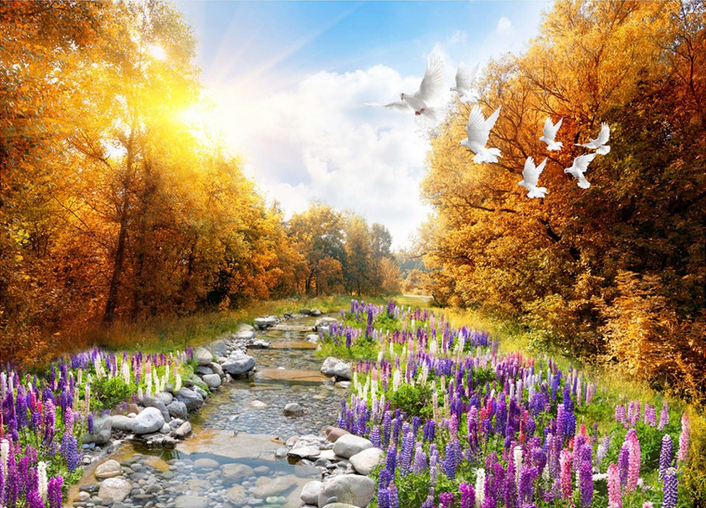 3D River Flowers Birds 56 Garage Door Mural Wallpaper AJ Wallpaper