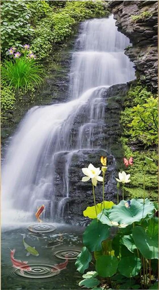 3D lotus carp Waterfall door mural Wallpaper AJ Wallpaper