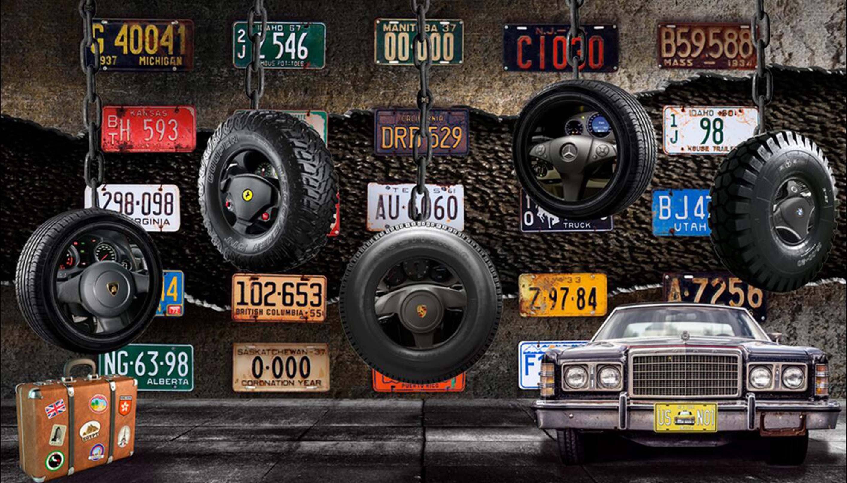 3D Car Tires License Plates 365 Garage Door Mural Wallpaper AJ Wallpaper