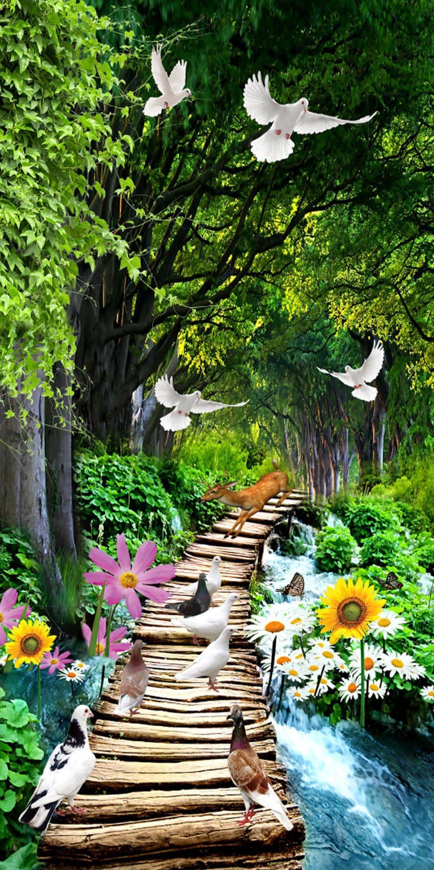 3D river wood bridge birds door mural Wallpaper AJ Wallpaper
