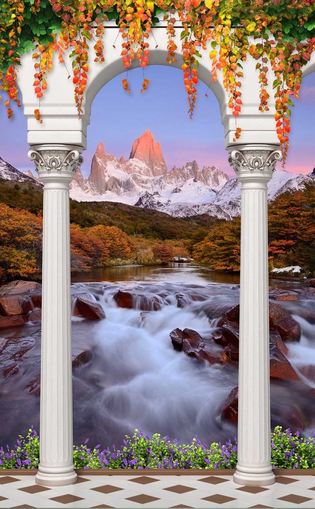 3D circular arch mountain stream door mural Wallpaper AJ Wallpaper