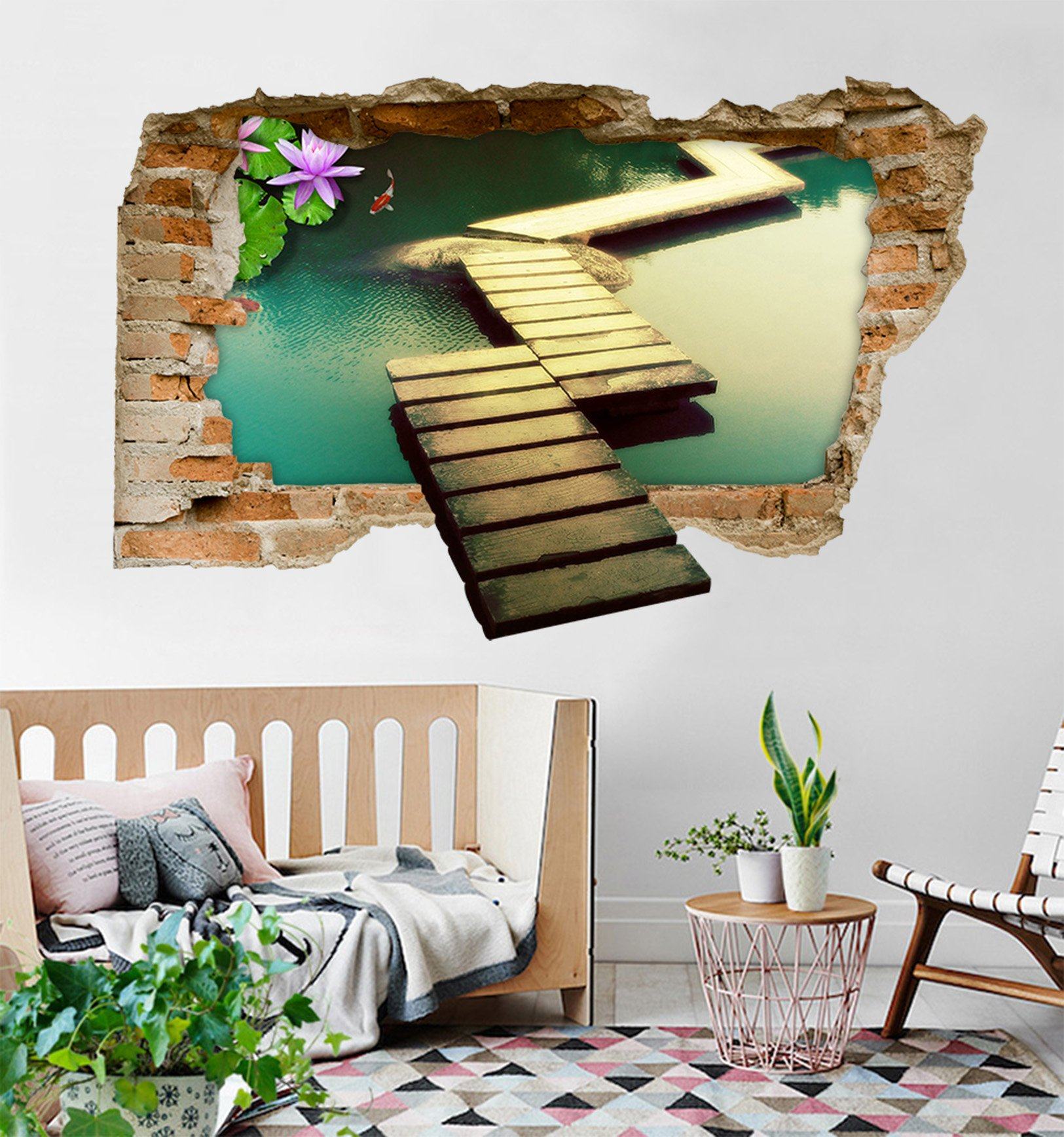 3D Lake Wood Bridge 397 Broken Wall Murals Wallpaper AJ Wallpaper