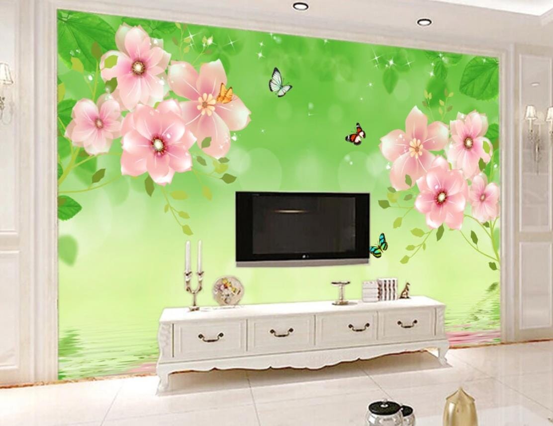 3D Pink Flower Butterfly WC342 Wall Murals Wallpaper AJ Wallpaper 2