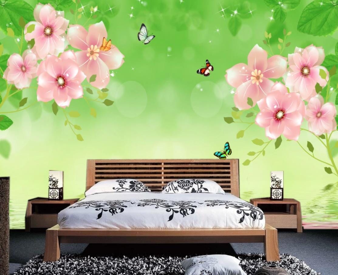 3D Pink Flower Butterfly WC342 Wall Murals Wallpaper AJ Wallpaper 2