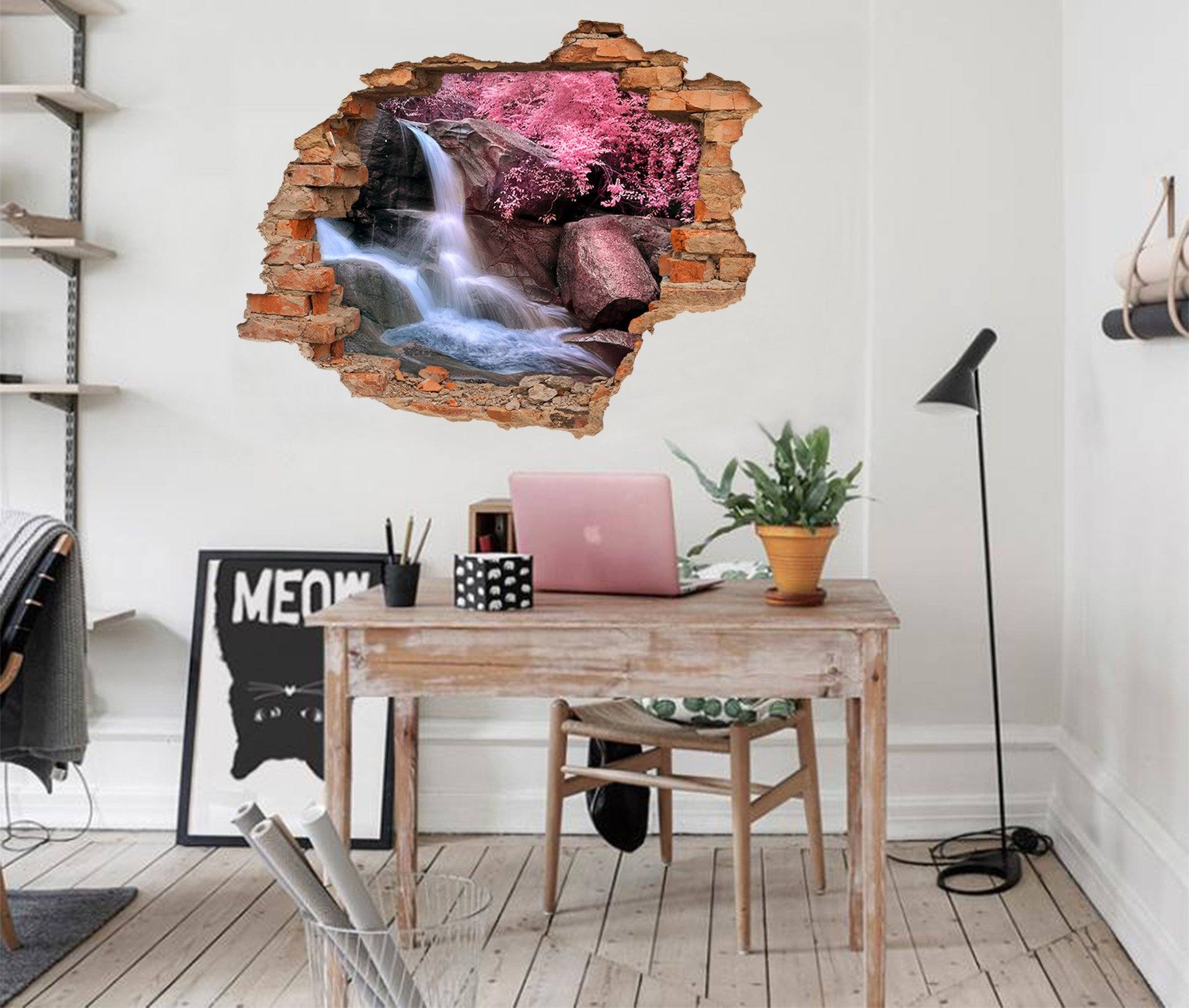 3D River Rocks Pink Trees 218 Broken Wall Murals Wallpaper AJ Wallpaper